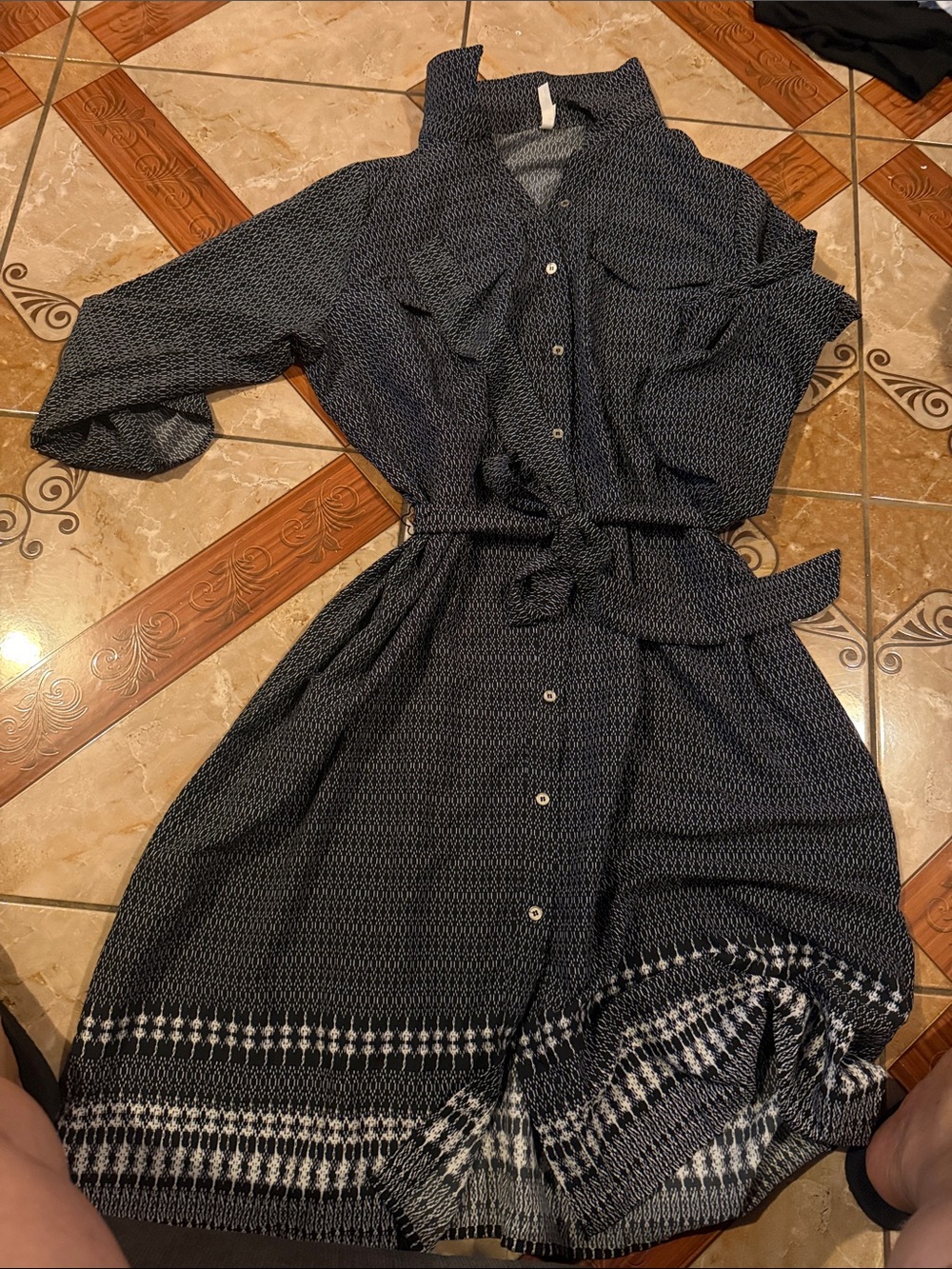 Women's Navy Printed Shirt Dress with Waist Tie